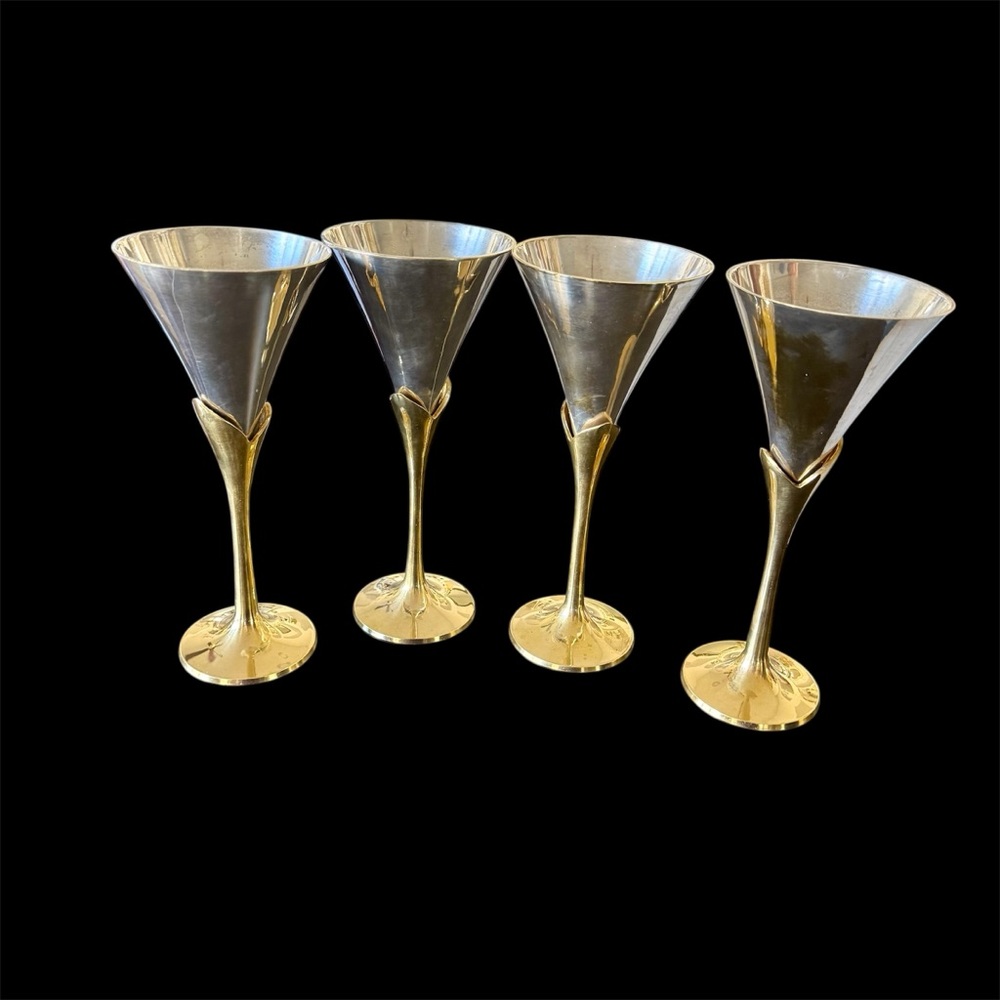 Elegant Silver & gold brass  Vintage Goblets Set of 4 sculptural shape!